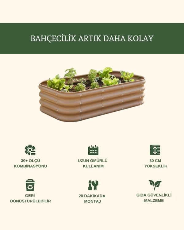 Bahçe Kulesi 140x35x30 cm kapuçino No:3V2 modüler yükseltilmiş bahçe yatağı çiçeklik ve özellik ikonları.