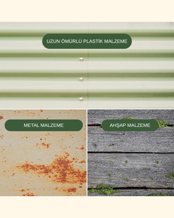 Bahçe Kulesi Modüler Yükseltilmiş Bahçe Yatağı uzun ömürlü plastik, paslı metal ve ahşap malzeme karşılaştırması.