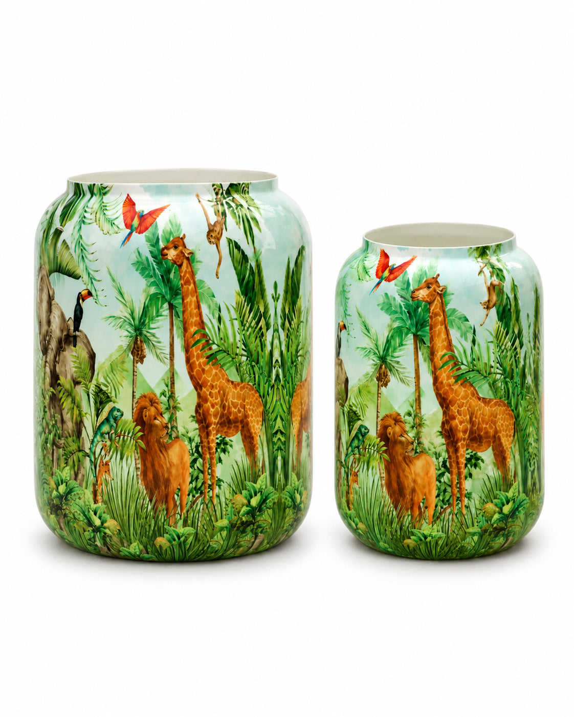 Serengeti 2'li metal saksı seti L+XL, Serengeti desenli alüminyum enamel kaplama dekoratif saksılar