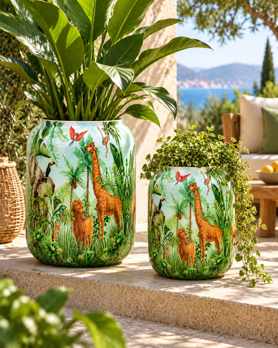 Serengeti 2'li metal saksı seti L+XL, Serengeti desenli alüminyum enamel kaplama dekoratif saksılar