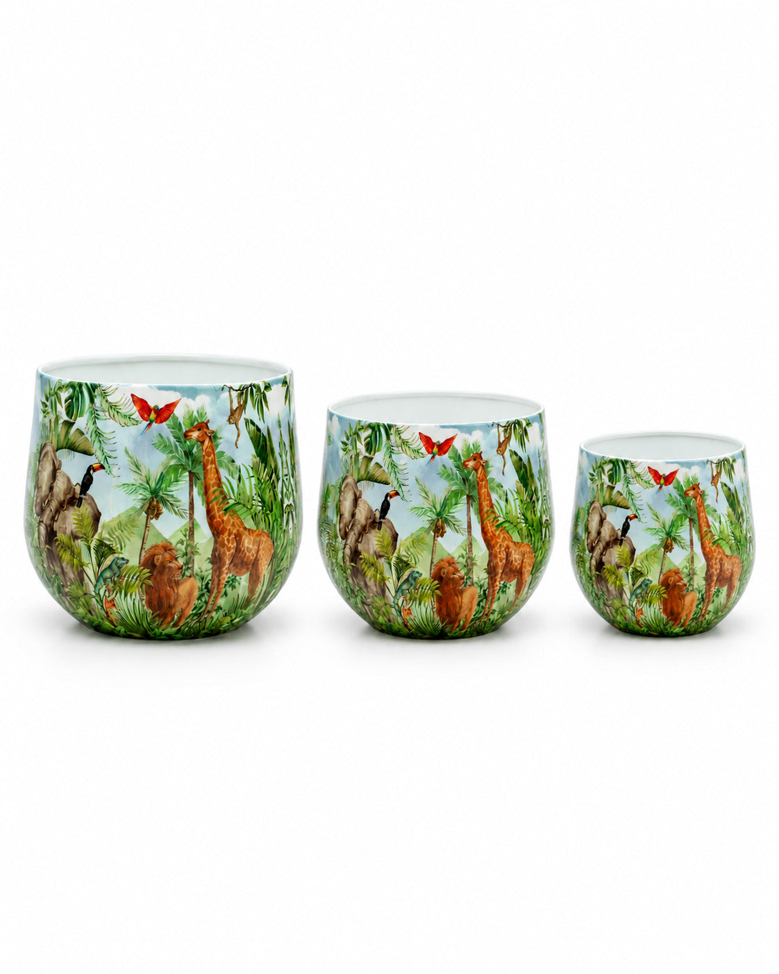 Serengeti 3'lü metal saksı seti XS+S+M, Serengeti desenli alüminyum enamel kaplama dekoratif saksılar