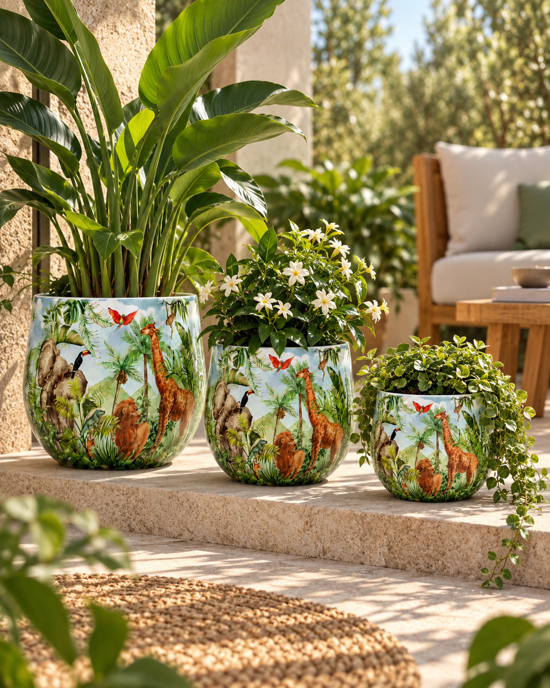Serengeti 3'lü metal saksı seti XS+S+M, Serengeti desenli alüminyum enamel kaplama dekoratif saksılar