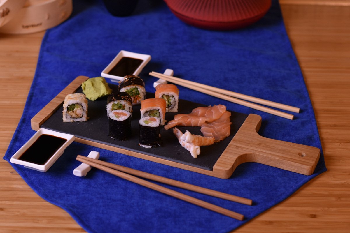 Seshu 10 Parça Sushi Seti Kahverengi - Taşev doğal taş 42x35 cm tabla