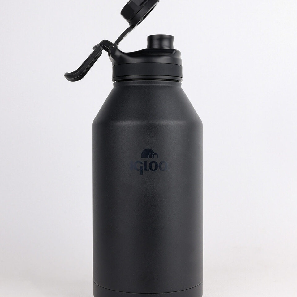 Igloo 1.9 L Sportsman mat siyah paslanmaz çelik kulplu ve açık kapaklı termos.