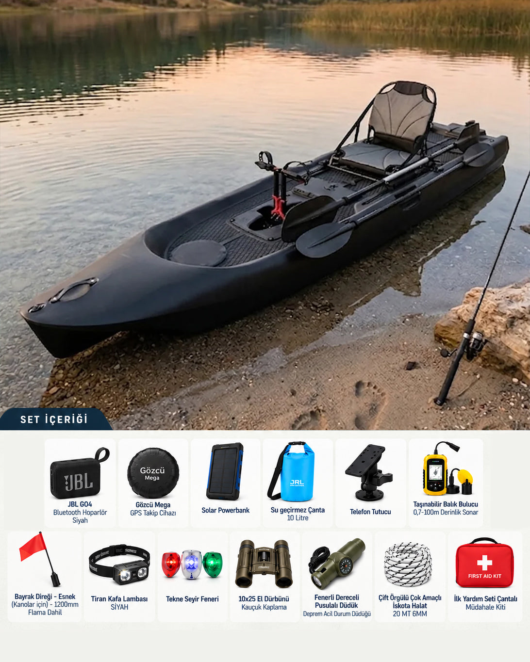Sup Pro tek kişilik pedallı balıkçı kanosu seti siyah, sonar, GPS takip cihazı ve güvenlik ekipmanlarıyla