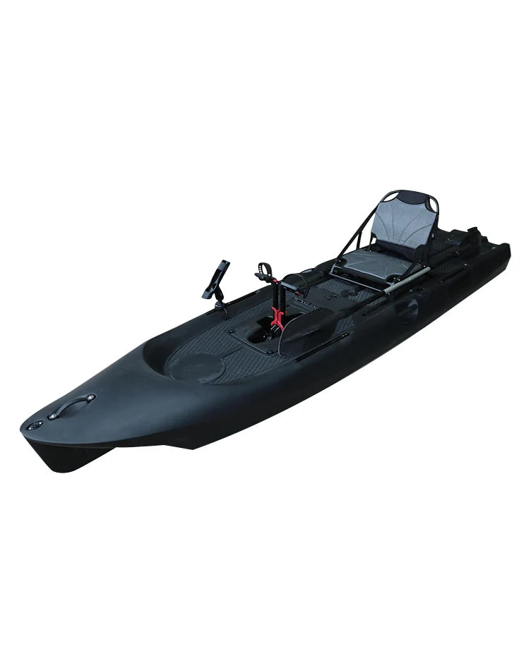 Sup Pro tek kişilik pedallı balıkçı kanosu seti siyah, sonar, GPS takip cihazı ve güvenlik ekipmanlarıyla