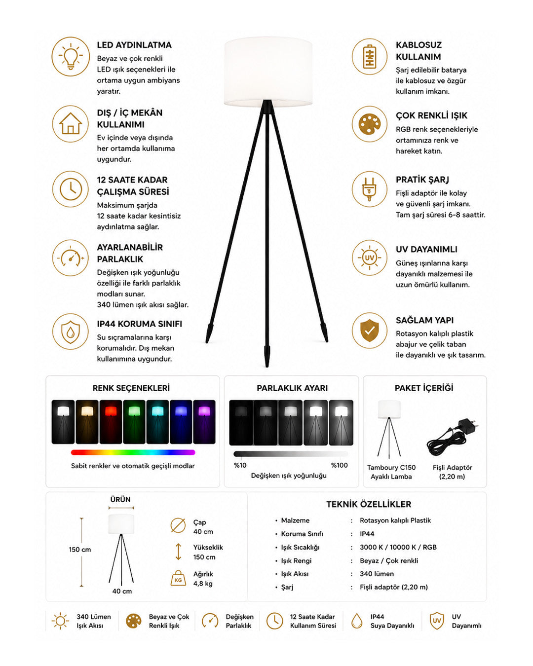 Tamboury Kablosuz RGB LED Lambader