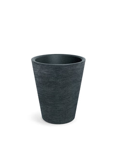 Prosperplast 60x70 cm Tubra koyu granit dokulu plastik saksı, modern yüksek formu ve mat çizgi desenli yüzeyiyle öne çıkar.