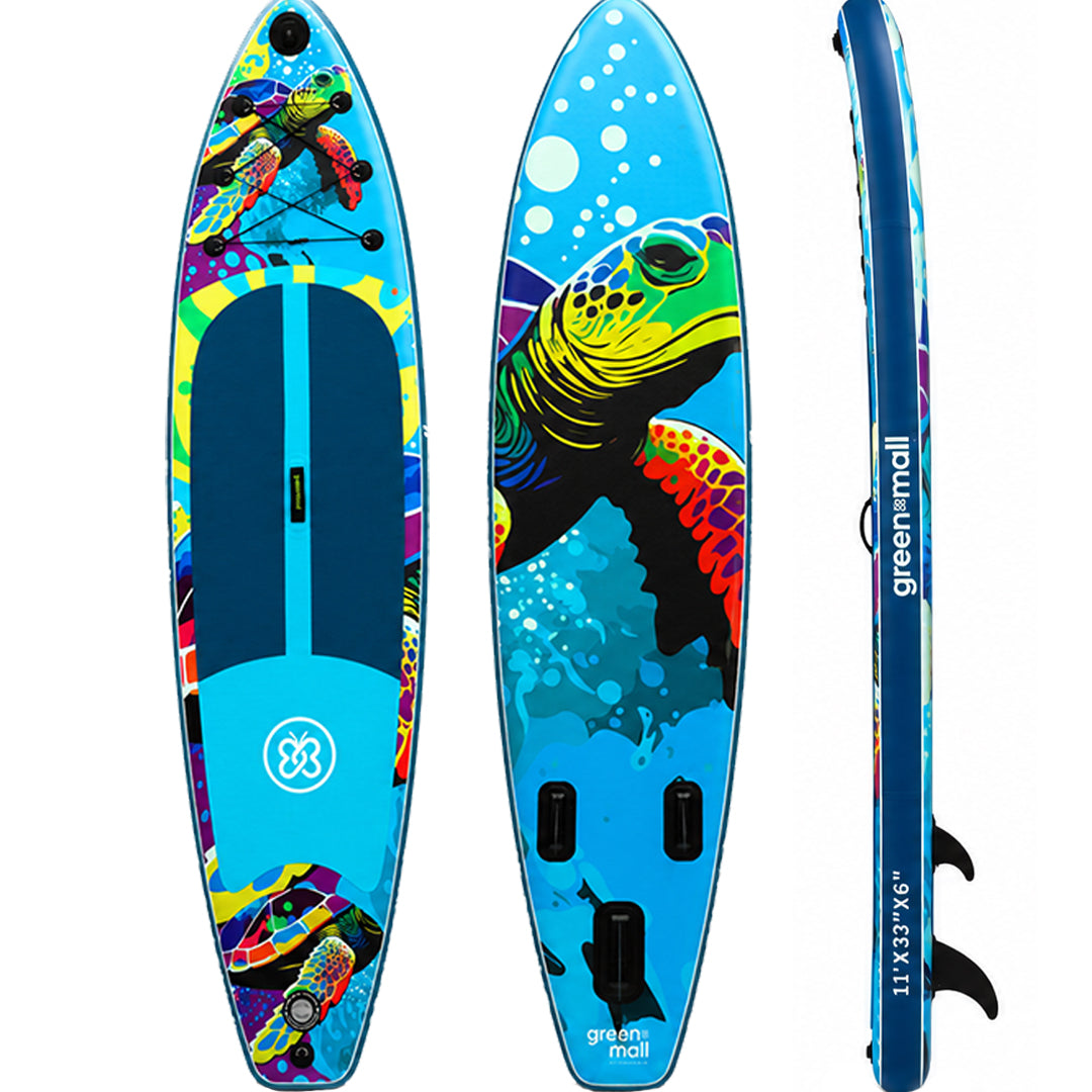Greenmall 320 cm Turtle renkli kaplumbağa desenli şişme SUP paddle board modelinin ön, arka ve yan görünümü.