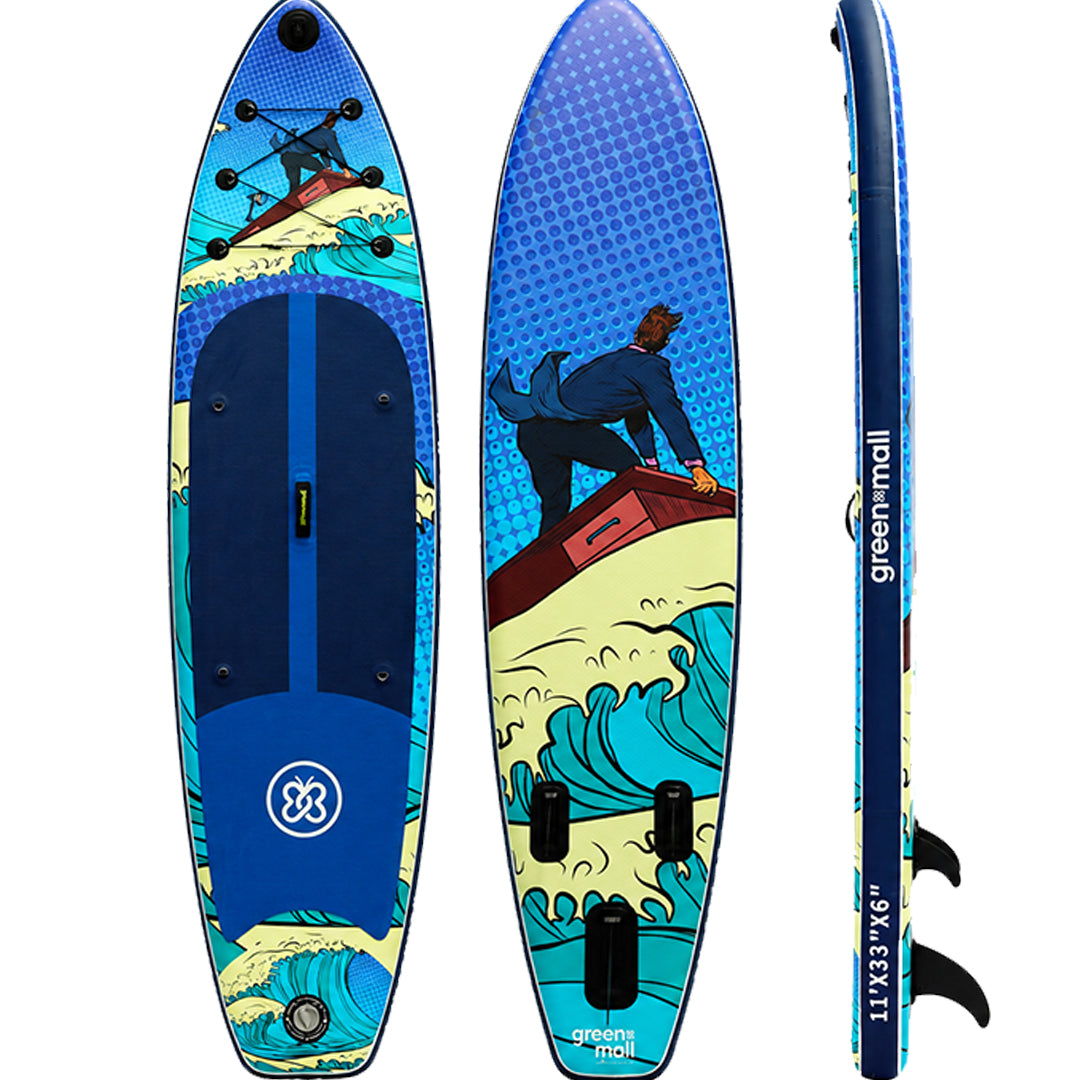 Greenmall 330 cm Wave Fighther mavi dalga desenli 3 finli şişme SUP paddle board ön, arka ve yan açısı.