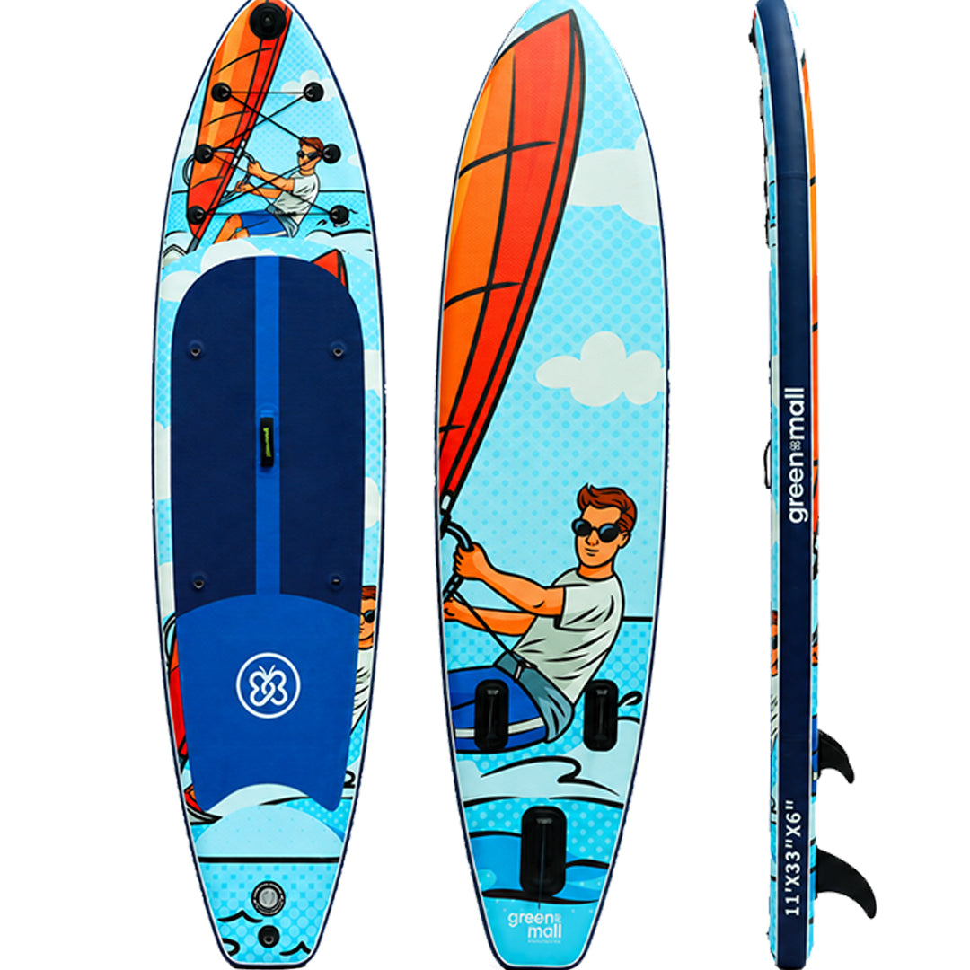 Greenmall 330 cm Wind Catcher mavi turuncu desenli şişme SUP paddle board'un ön, arka ve yan görünümü.