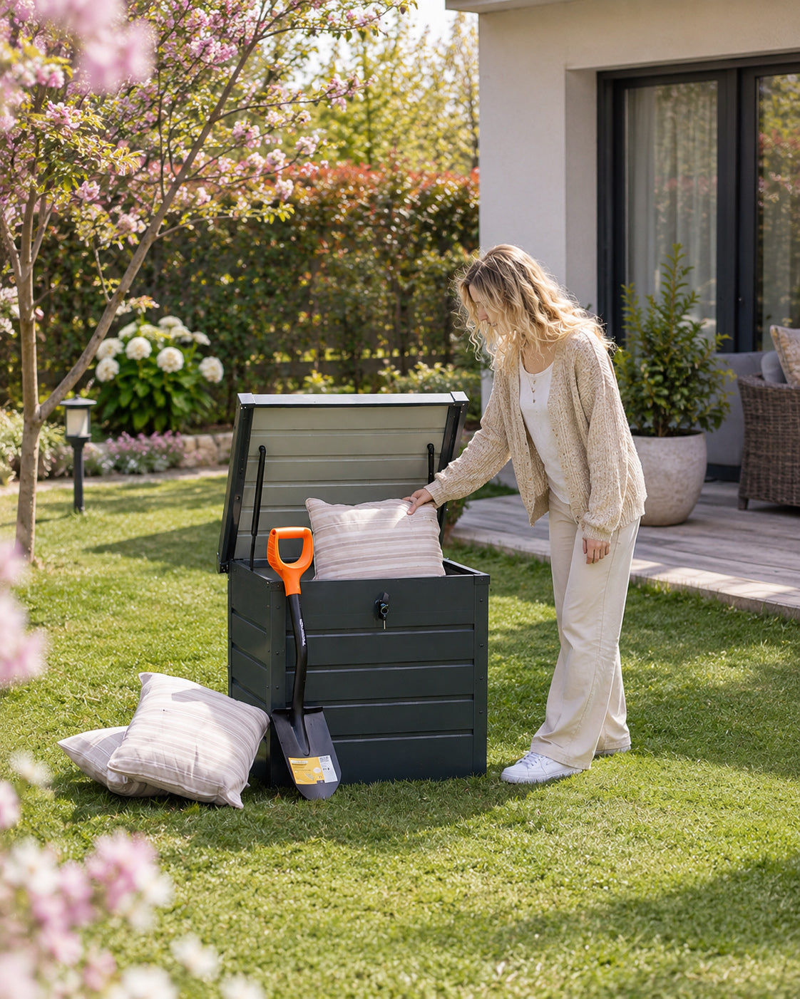 Yardbox metal bahçe dolabı 200 L antrasit – kilitli üstten açılır metal bahçe sandığı