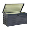 Baisiwei 120x61x63 cm Yardbox 350 L antrasit metal bahçe dolabı, kapağı açık ve kilit mekanizmalı depolama sandığı.