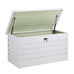 Baisiwei 120x61x63 cm Yardbox 350 L beyaz metal bahçe dolabı, kapağı açık kilitli depolama sandığı.