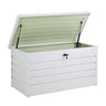 Baisiwei 120x61x63 cm Yardbox 350 L beyaz metal bahçe dolabı, kapağı açık kilitli depolama sandığı.