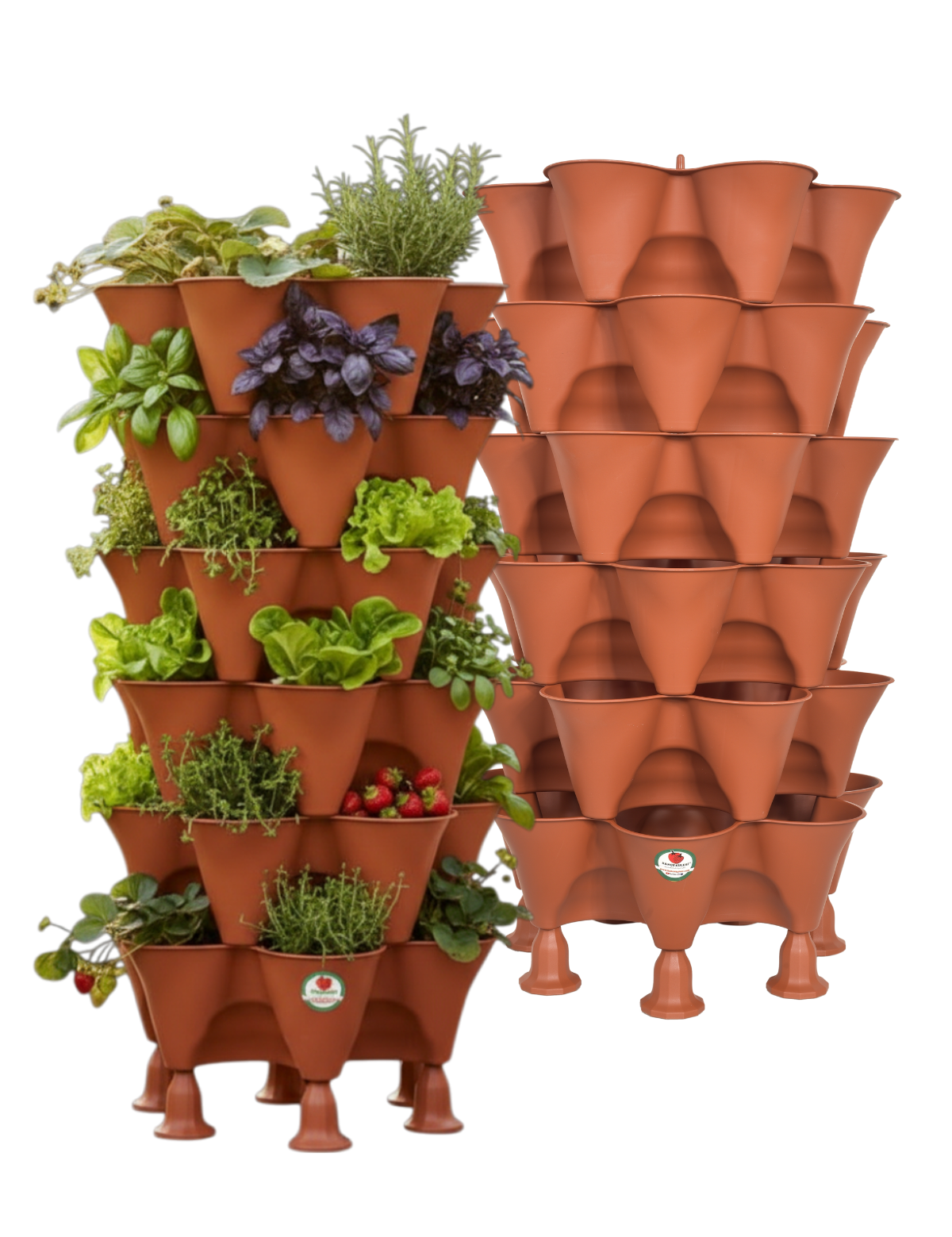 Bahçe Kulesi 100x55 cm Yediveren Sabit Terakota, biri bitkili diğeri boş iki adet 6 katlı dikey saksı kulesi.
