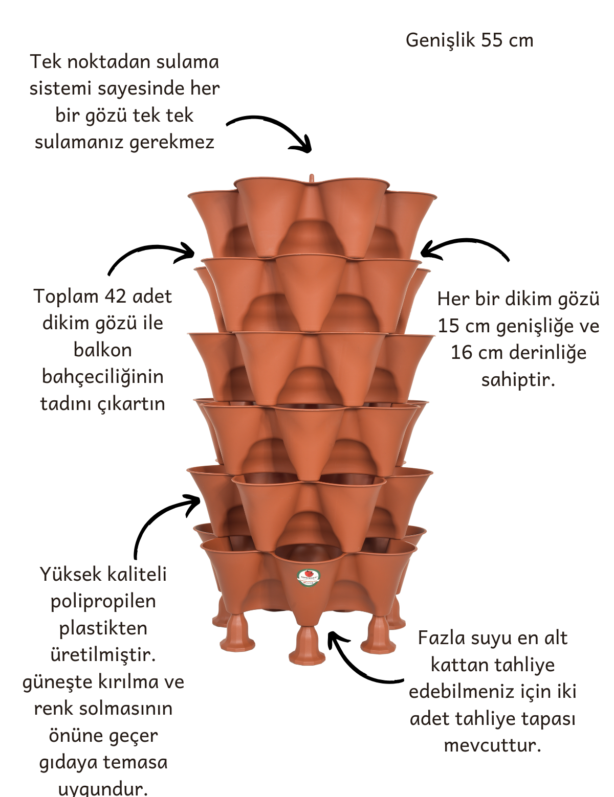 Bahçe Kulesi 100x55 cm Yediveren Sabit Terakota, 6 katlı 42 gözlü dikey saksı teknik özellikleri.