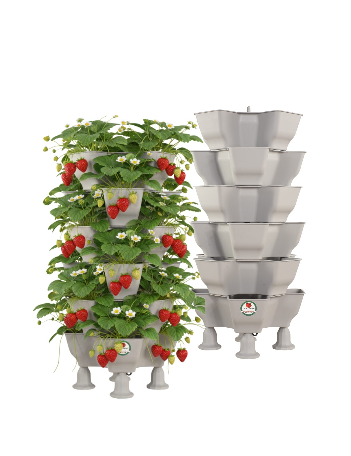 Bahçe Kulesi 75x35 cm Yonca Sabit 6 Kat Gri, çilek ekili ve boş iki adet dikey saksı.