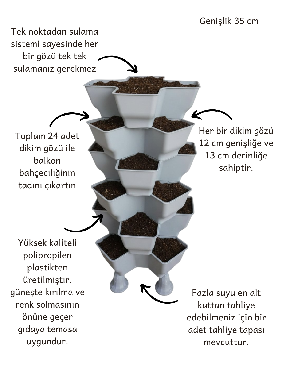 Bahçe Kulesi 75x35 cm Yonca Sabit 6 katlı gri dikey saksı, toprakla dolu 24 dikim gözü ve teknik ölçü detayları.