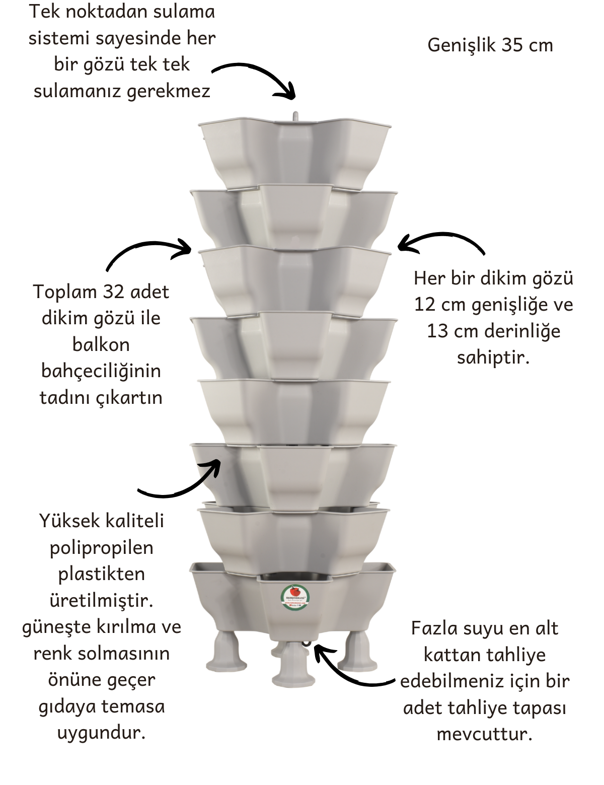 Bahçe Kulesi 100x35 cm Yonca Sabit 8 katlı 32 gözlü gri dikey saksı özellikleri ve ölçüleri.